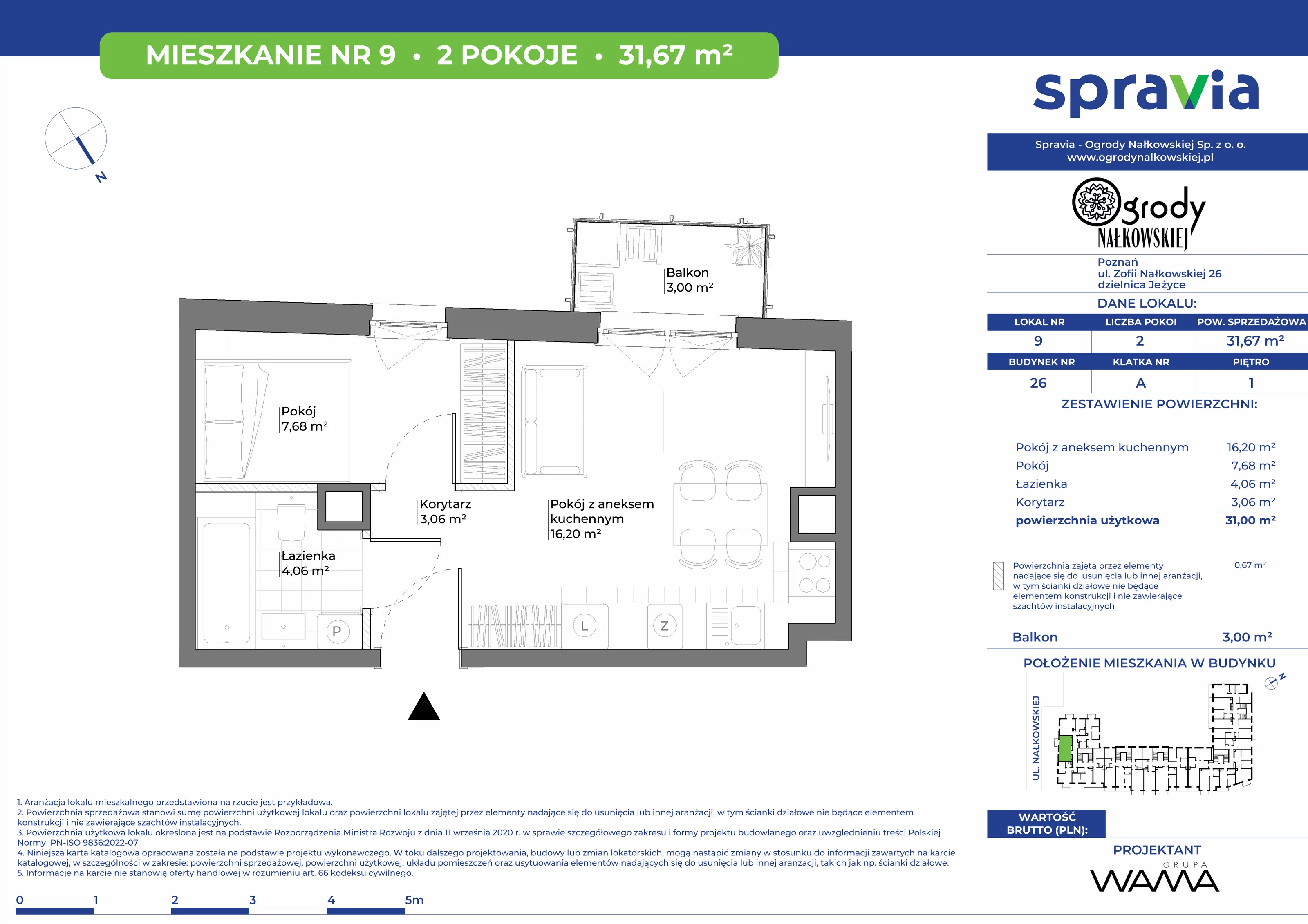 2 pokoje, mieszkanie 31,67 m², piętro 1, oferta nr 26-9, Ogrody Nałkowskiej, Poznań, Ogrody, ul. Nałkowskiej 24, 26